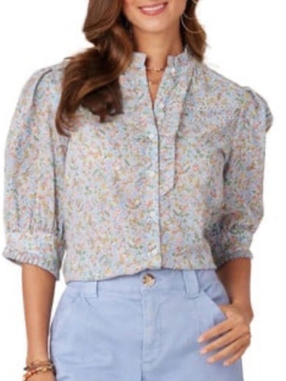 Democracy Light Blue Floral Ruffle-Neck Blouse